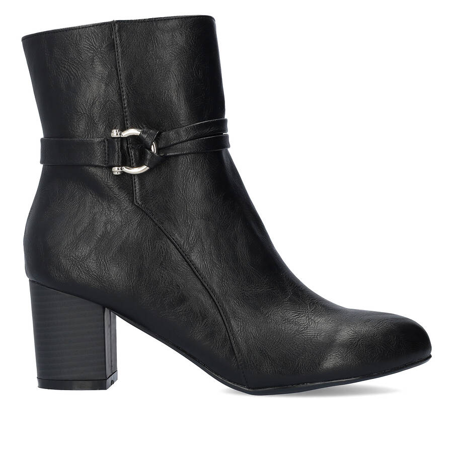 Black faux leather booties. 