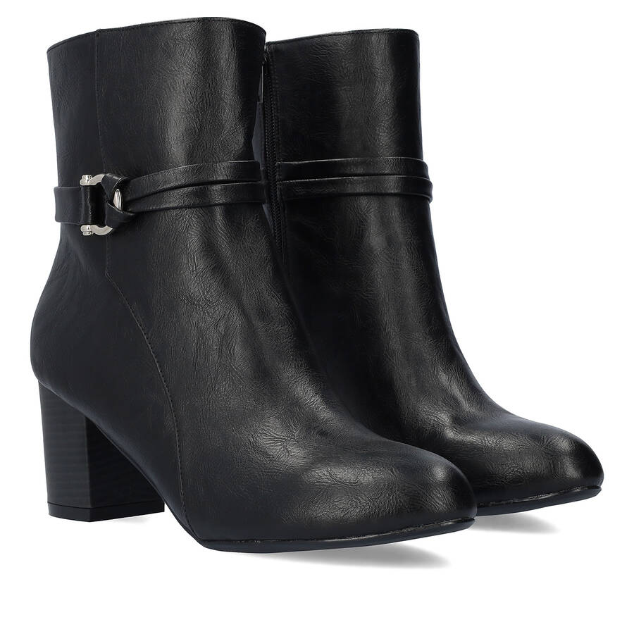 Black faux leather booties. 