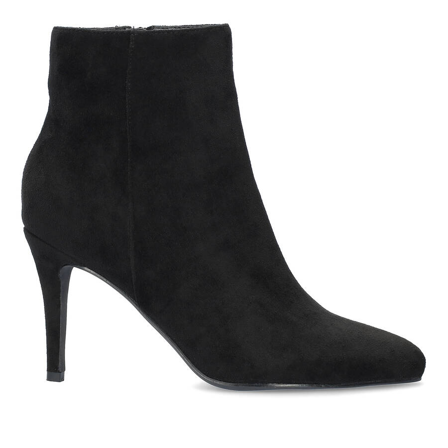 High-heeled booties in black faux suede 