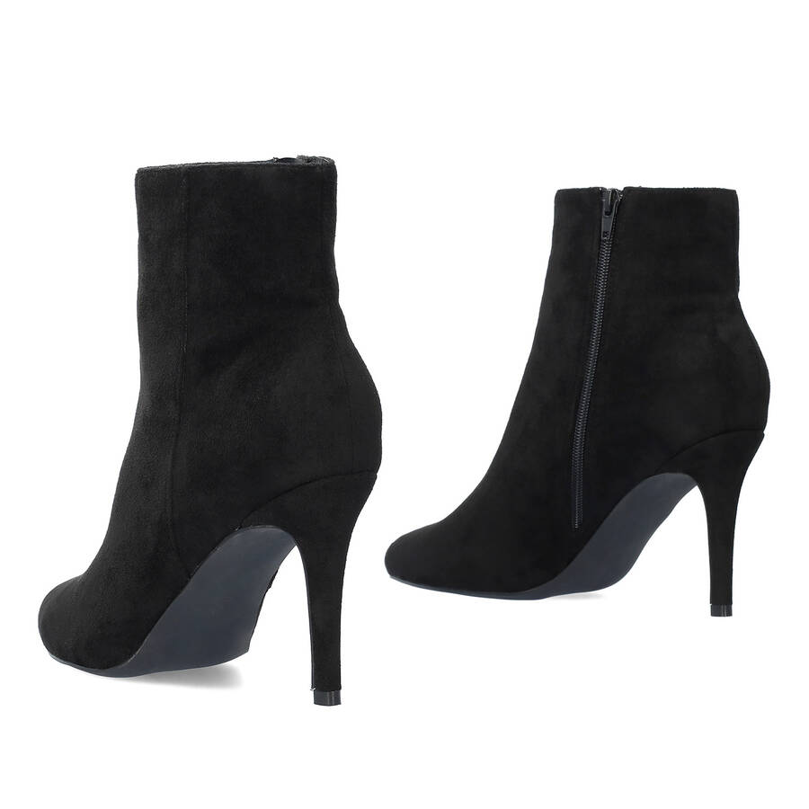 High-heeled booties in black faux suede 