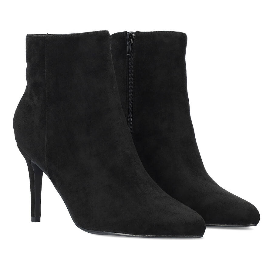 High-heeled booties in black faux suede 