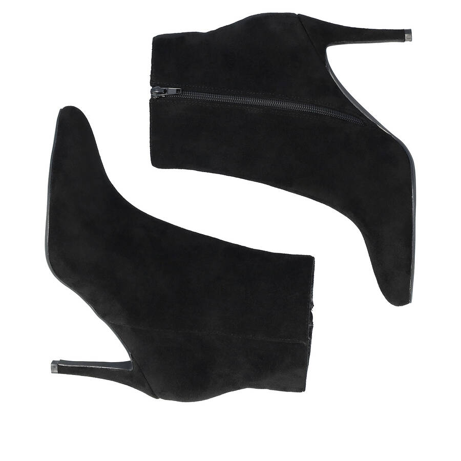 High-heeled booties in black faux suede 