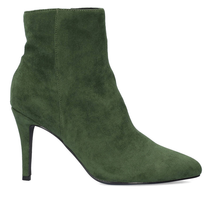 High-heeled booties in green faux suede 