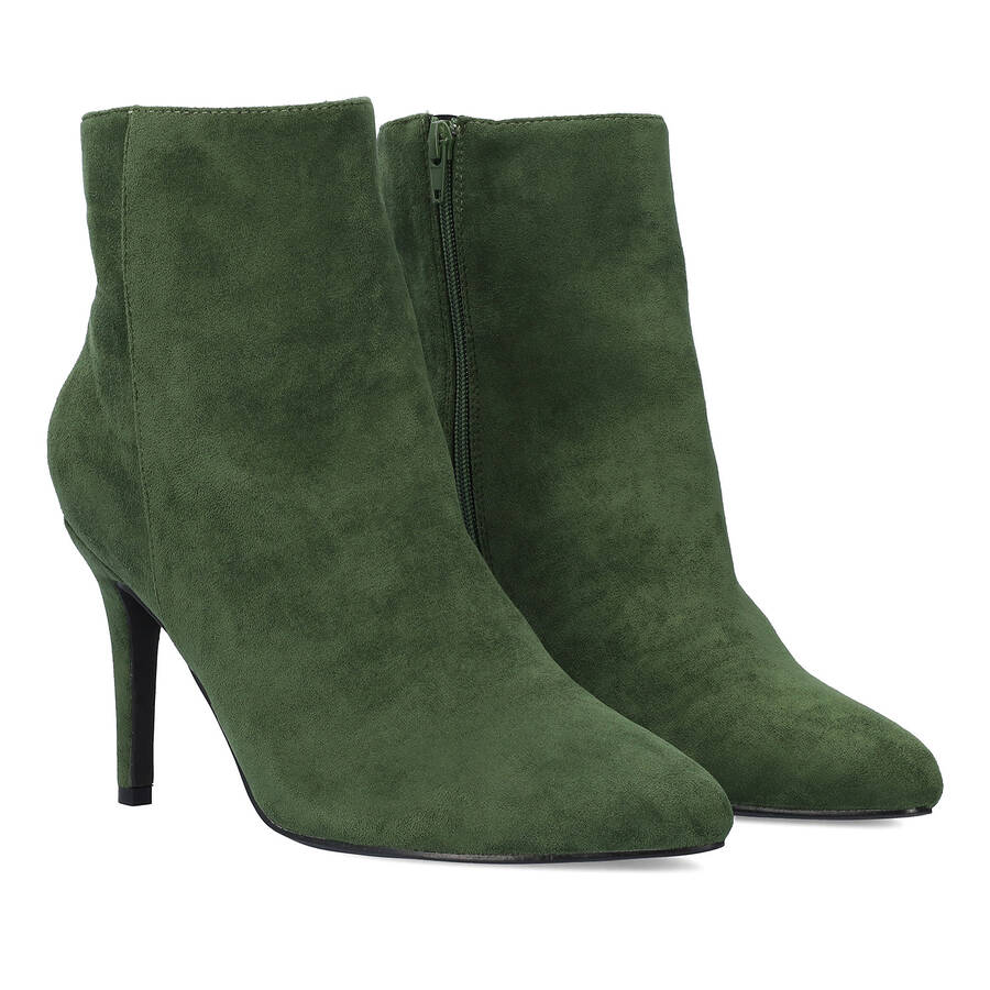 High-heeled booties in green faux suede 