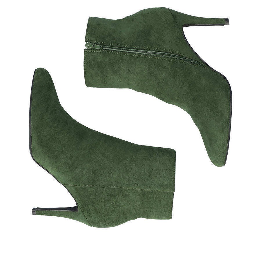 High-heeled booties in green faux suede 