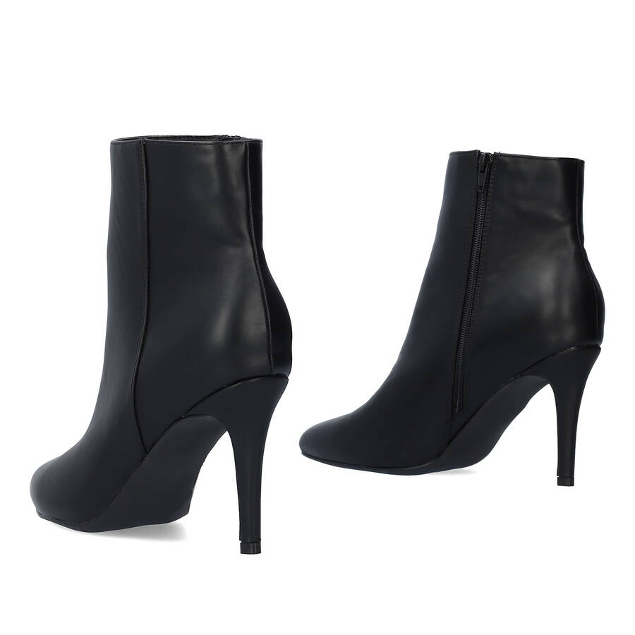 High-heeled booties in black faux leather 