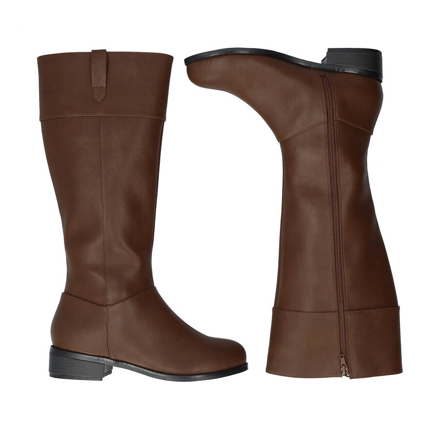 Flat high-calf boots in brown faux leather. 