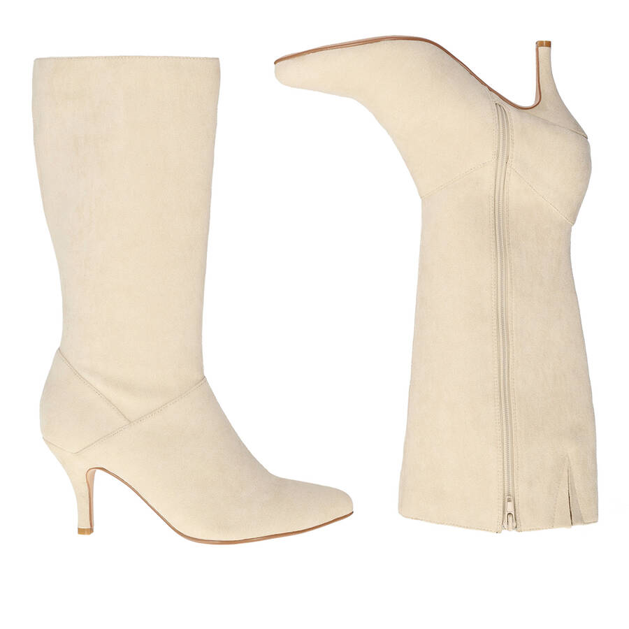 Heeled high boots in off white faux suede. 