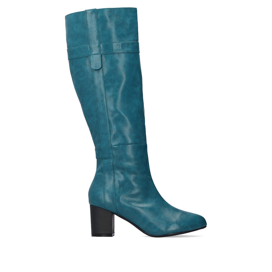 Heeled high-calf boots in blue faux leather 