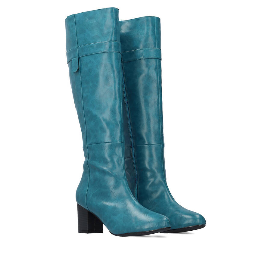 Heeled high-calf boots in blue faux leather 