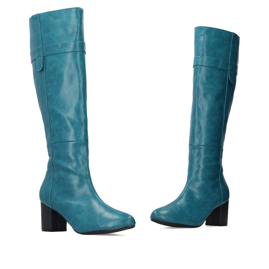 Heeled high-calf boots in blue faux leather 