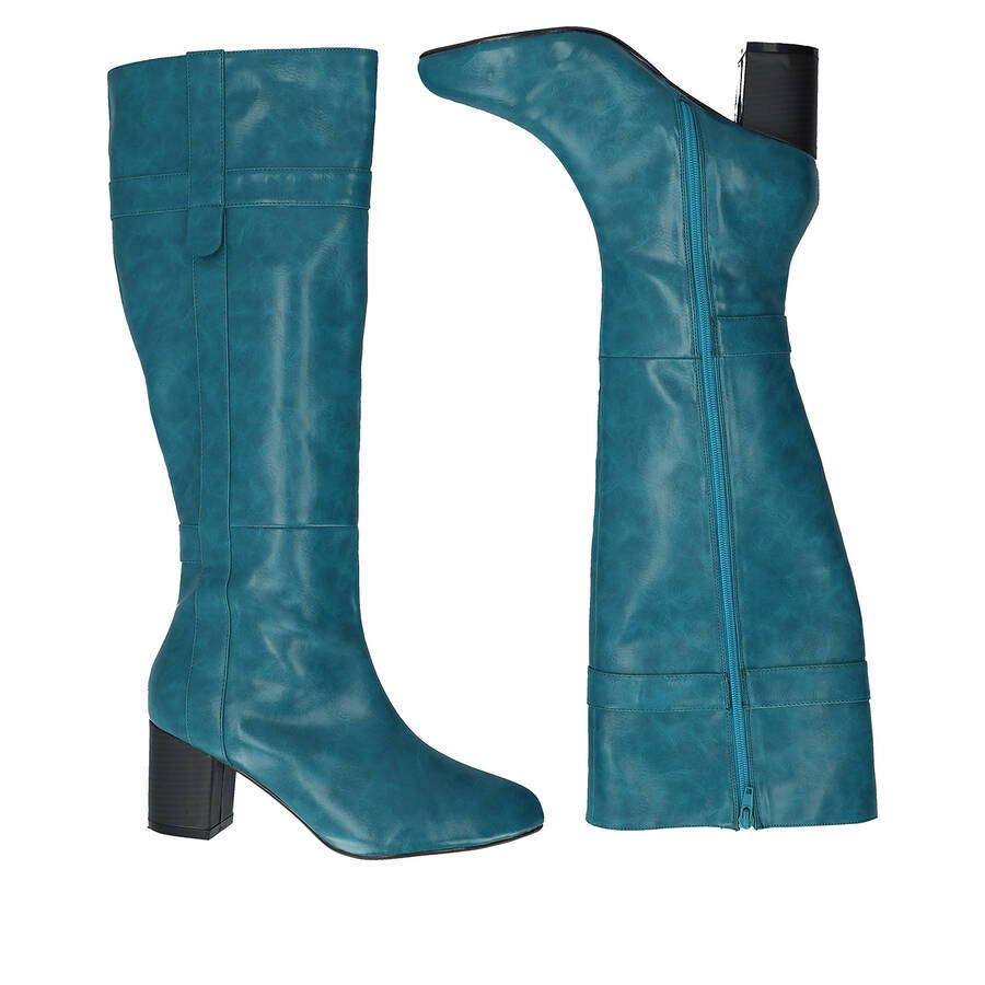 Heeled high-calf boots in blue faux leather 