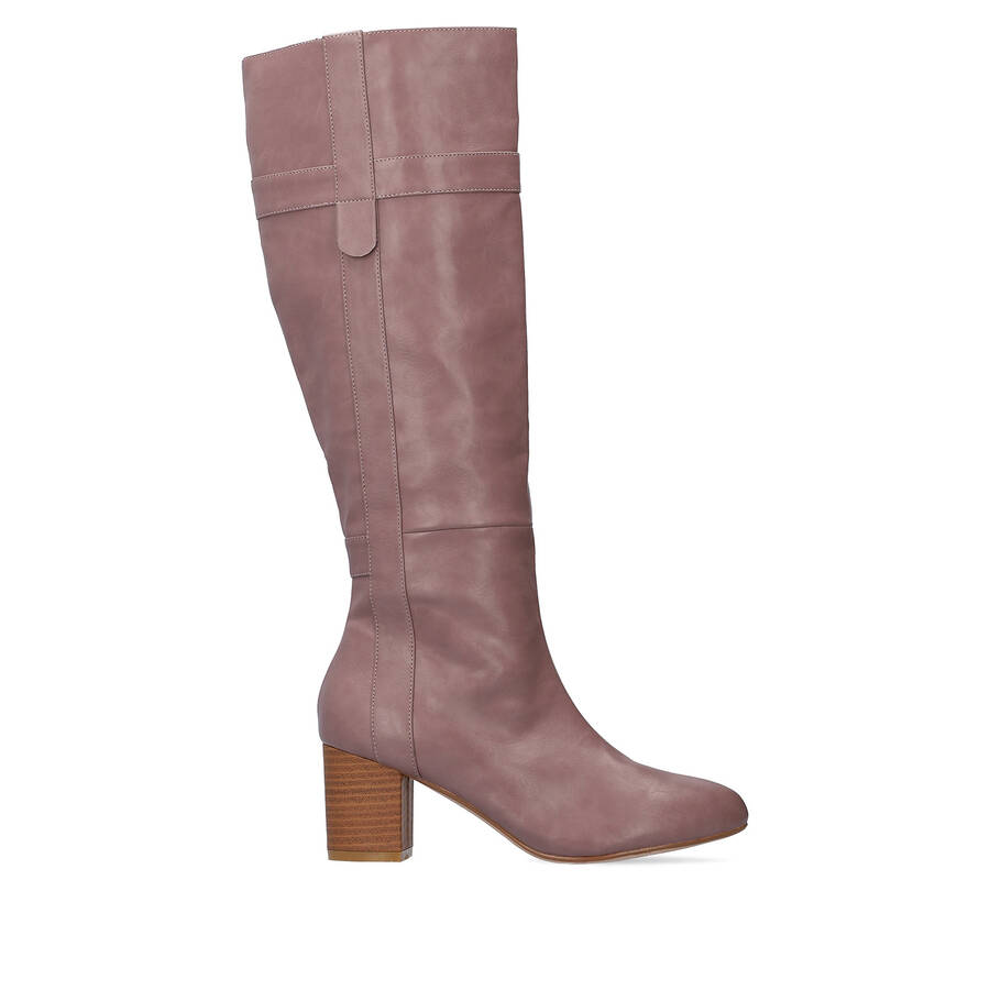 Heeled high-calf boots in mauve faux leather 