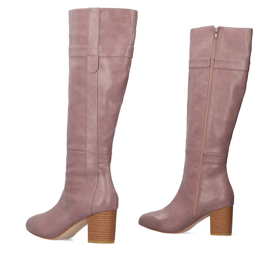 Heeled high-calf boots in mauve faux leather 