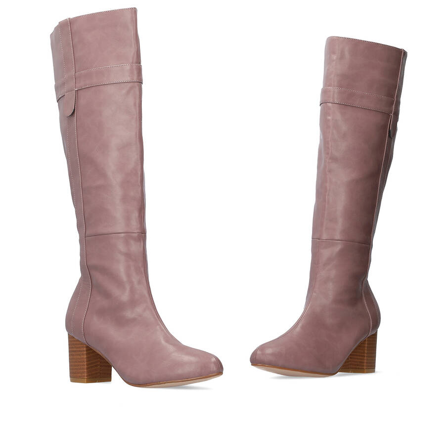 Heeled high-calf boots in mauve faux leather 