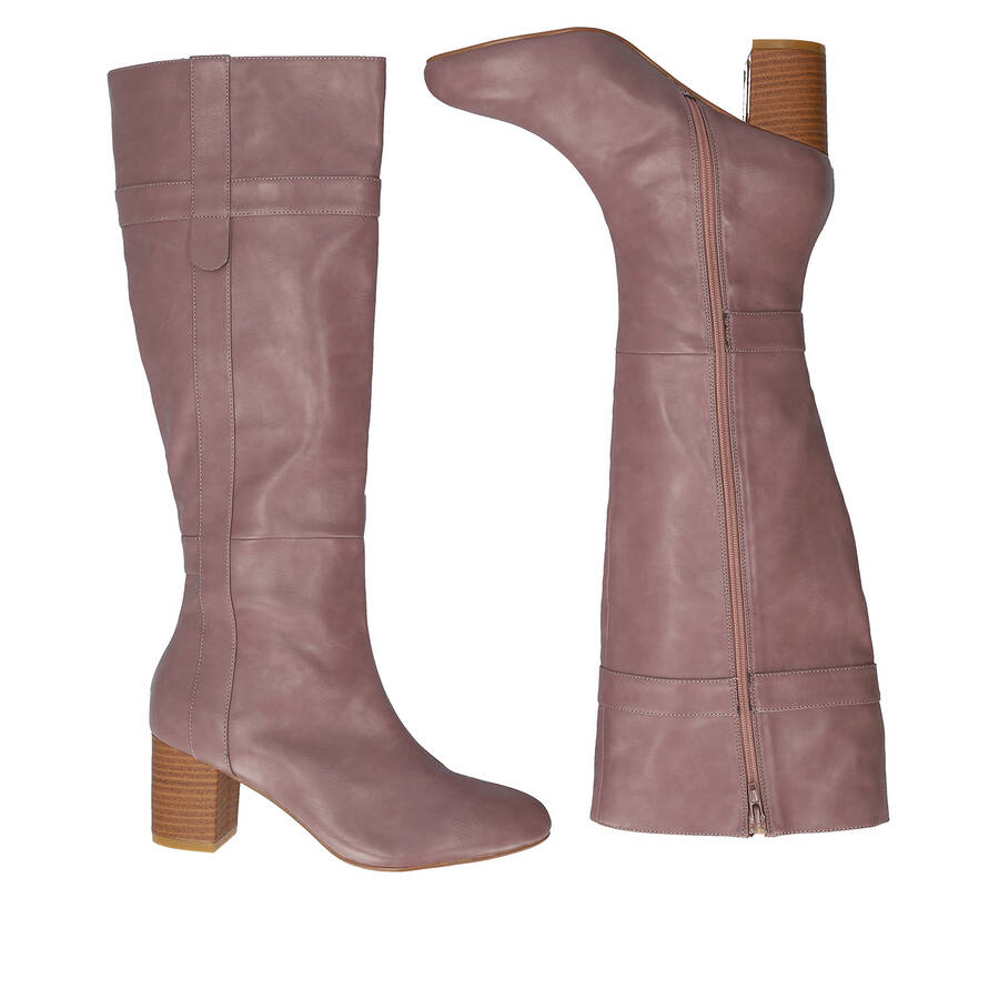 Heeled high-calf boots in mauve faux leather 