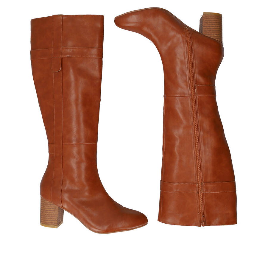 Heeled high-calf boots in brown faux leather 