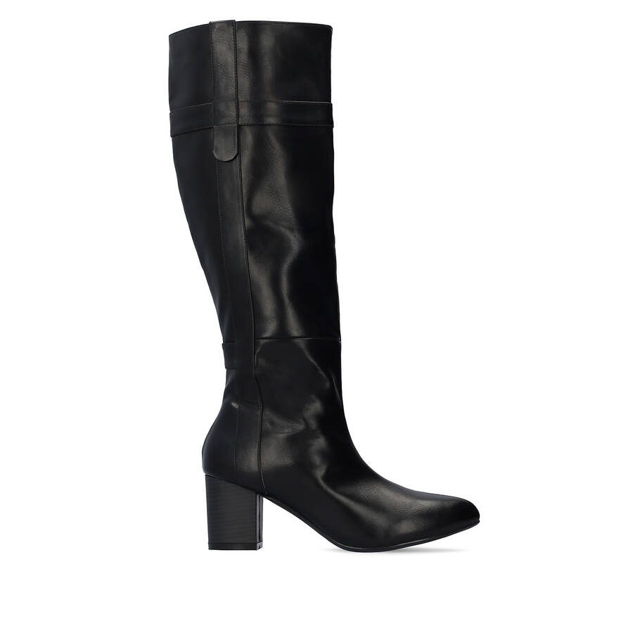 Heeled high-calf boots in black faux leather 