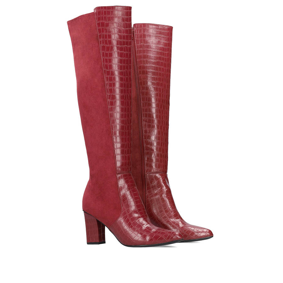 Heeled knee-high boots combined burgundy faux croc leather with faux suede. 