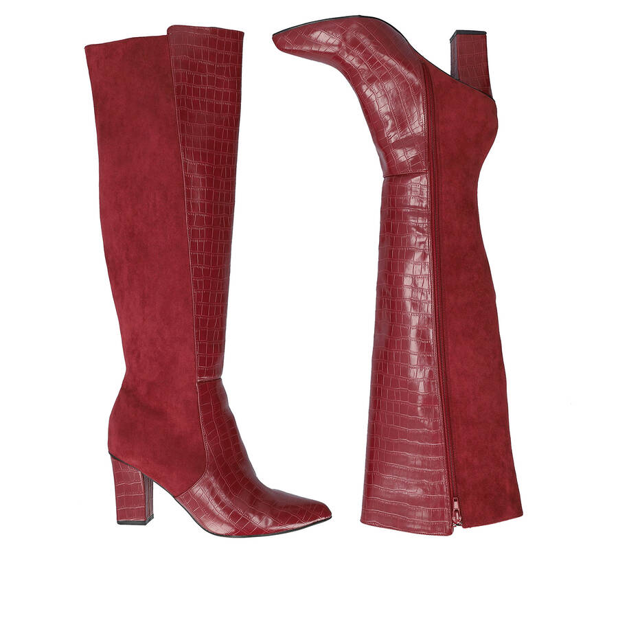 Heeled knee-high boots combined burgundy faux croc leather with faux suede. 