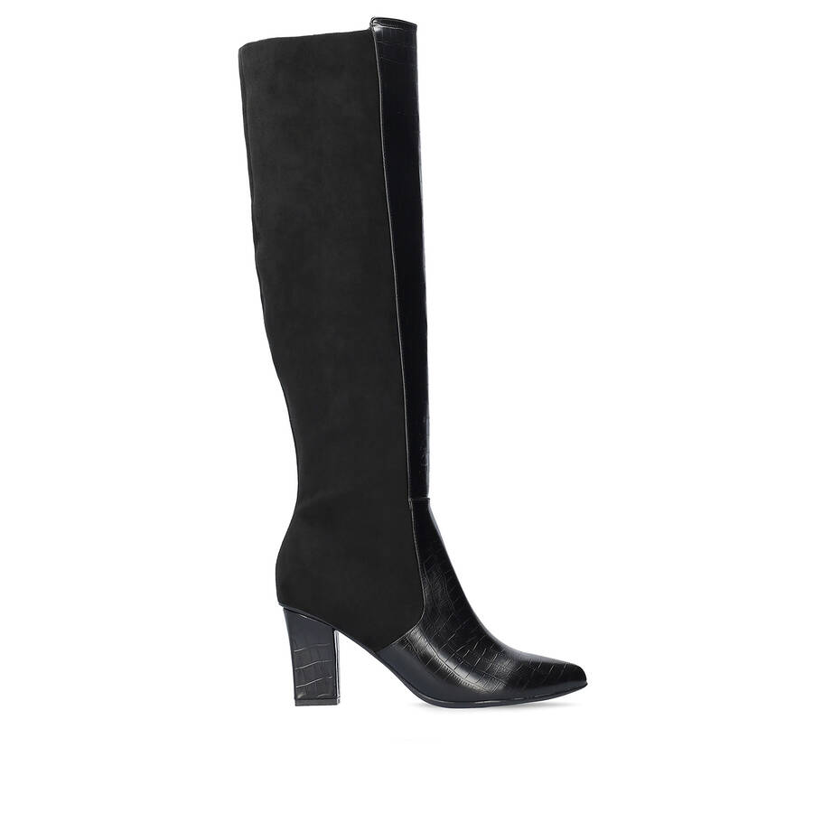 Heeled knee-high boots combined black faux croc leather with faux suede. 