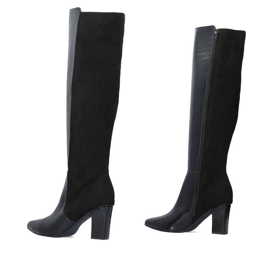 Heeled knee-high boots combined black faux croc leather with faux suede. 