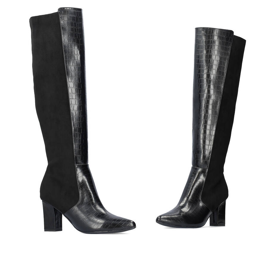 Heeled knee-high boots combined black faux croc leather with faux suede. 