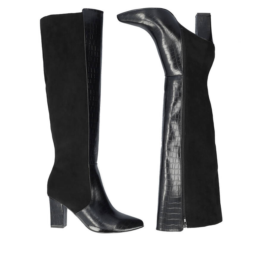 Heeled knee-high boots combined black faux croc leather with faux suede. 