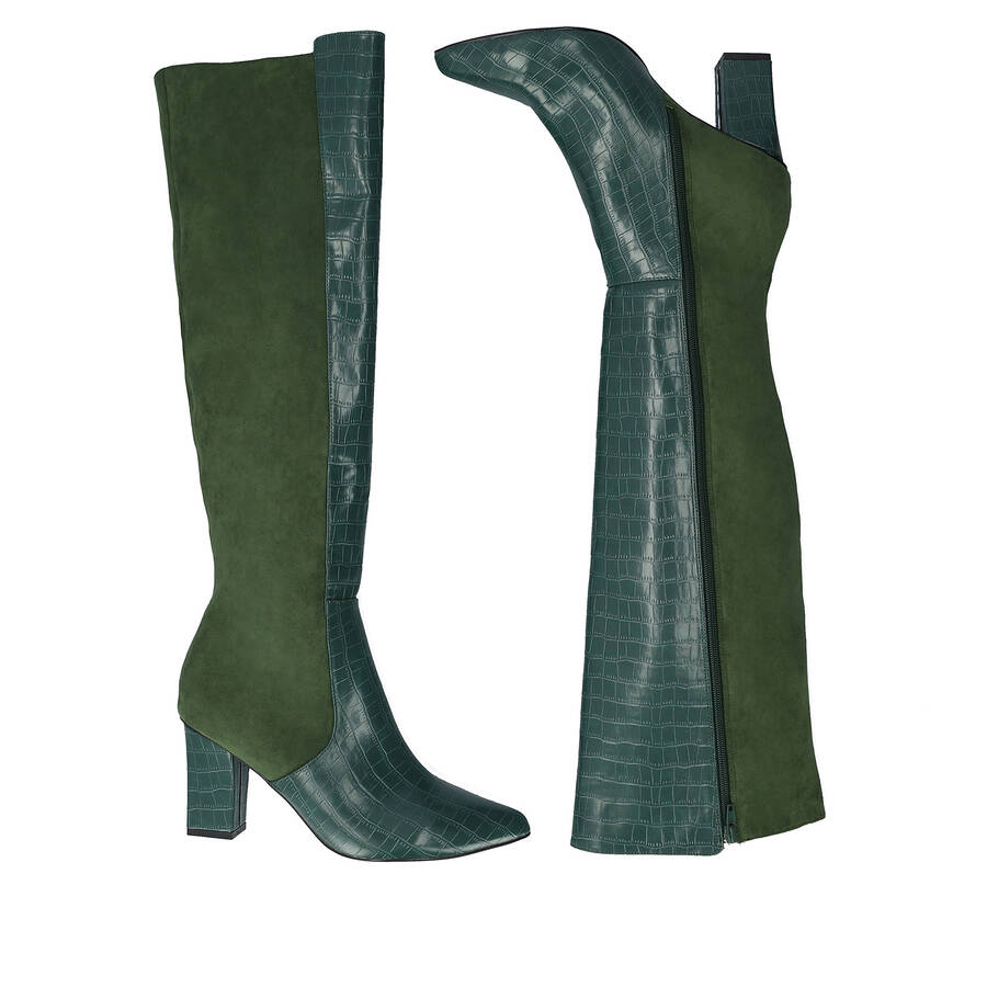 Heeled knee-high boots combined green faux croc leather with faux suede. 