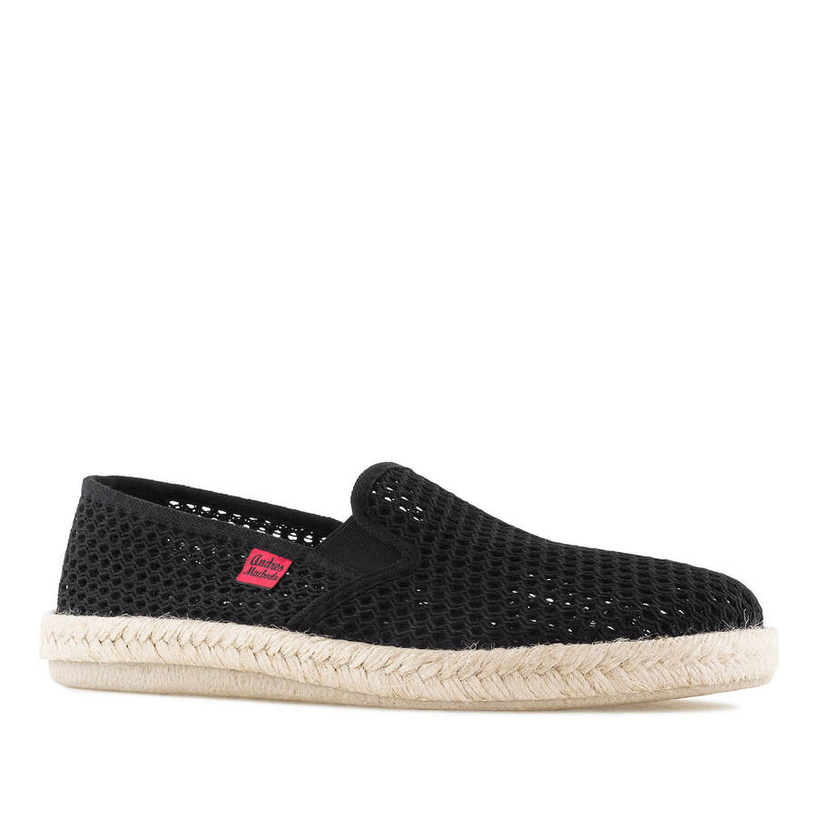 Slip-On Fabric Shoes in Black Mesh with Jute and Rubber Sole 