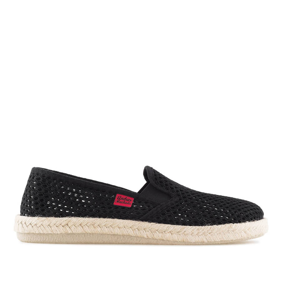 Slip-On Fabric Shoes in Black Mesh with Jute and Rubber Sole 