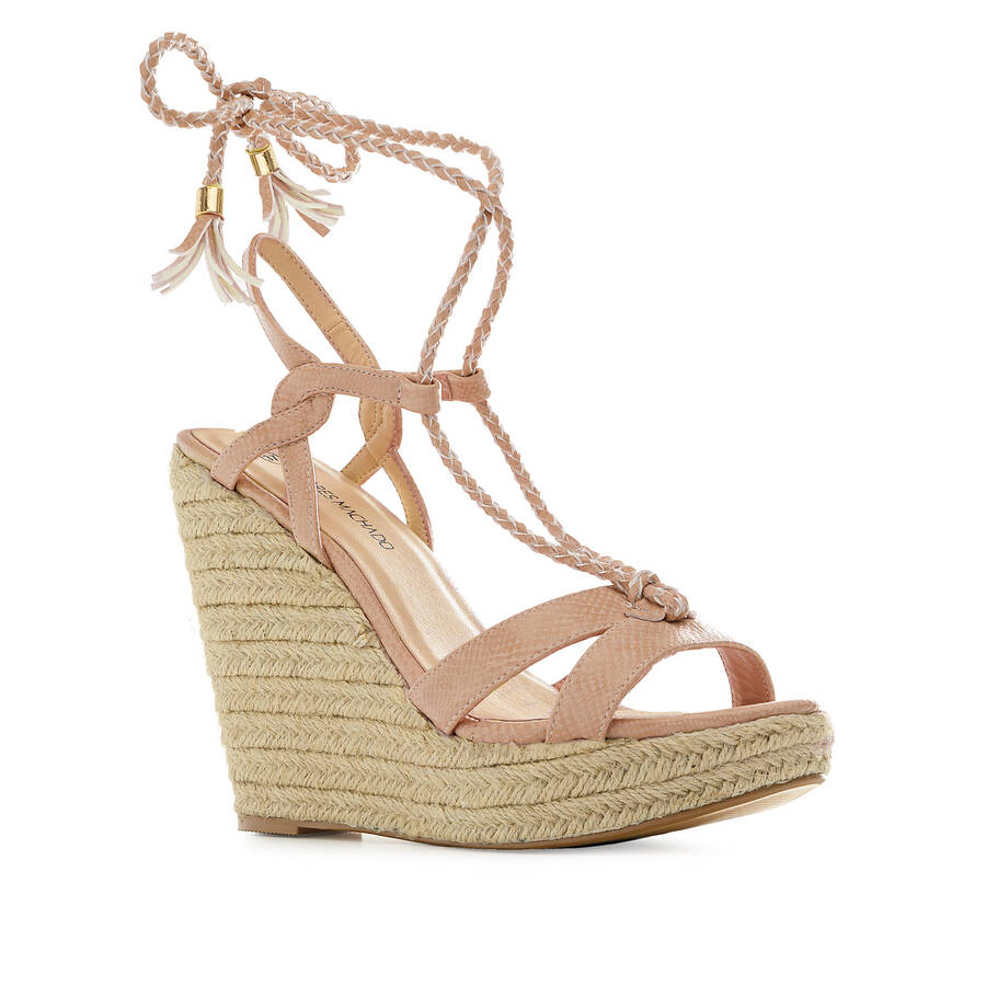 Ankle-tie Jute Wedges in engraved Nude 