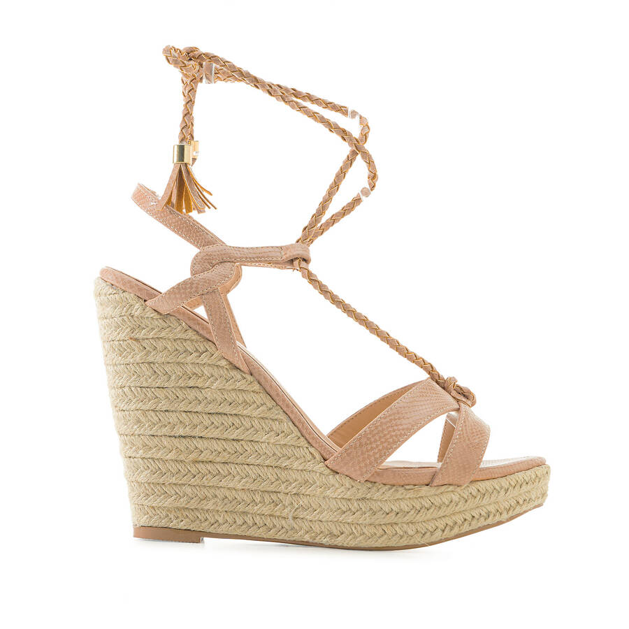 Ankle-tie Jute Wedges in engraved Nude 