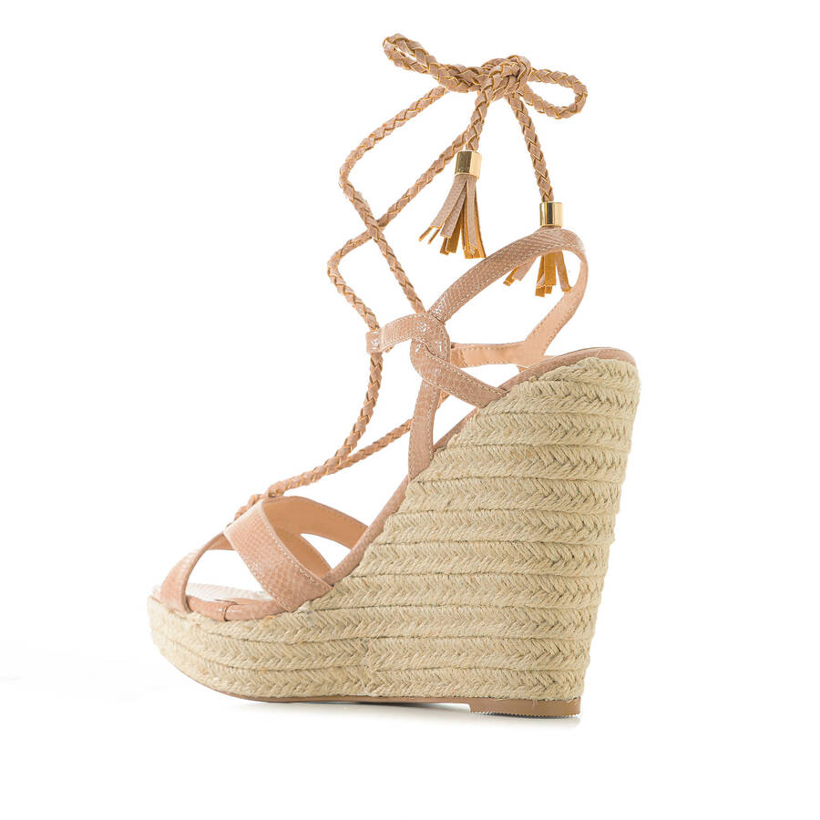 Ankle-tie Jute Wedges in engraved Nude 