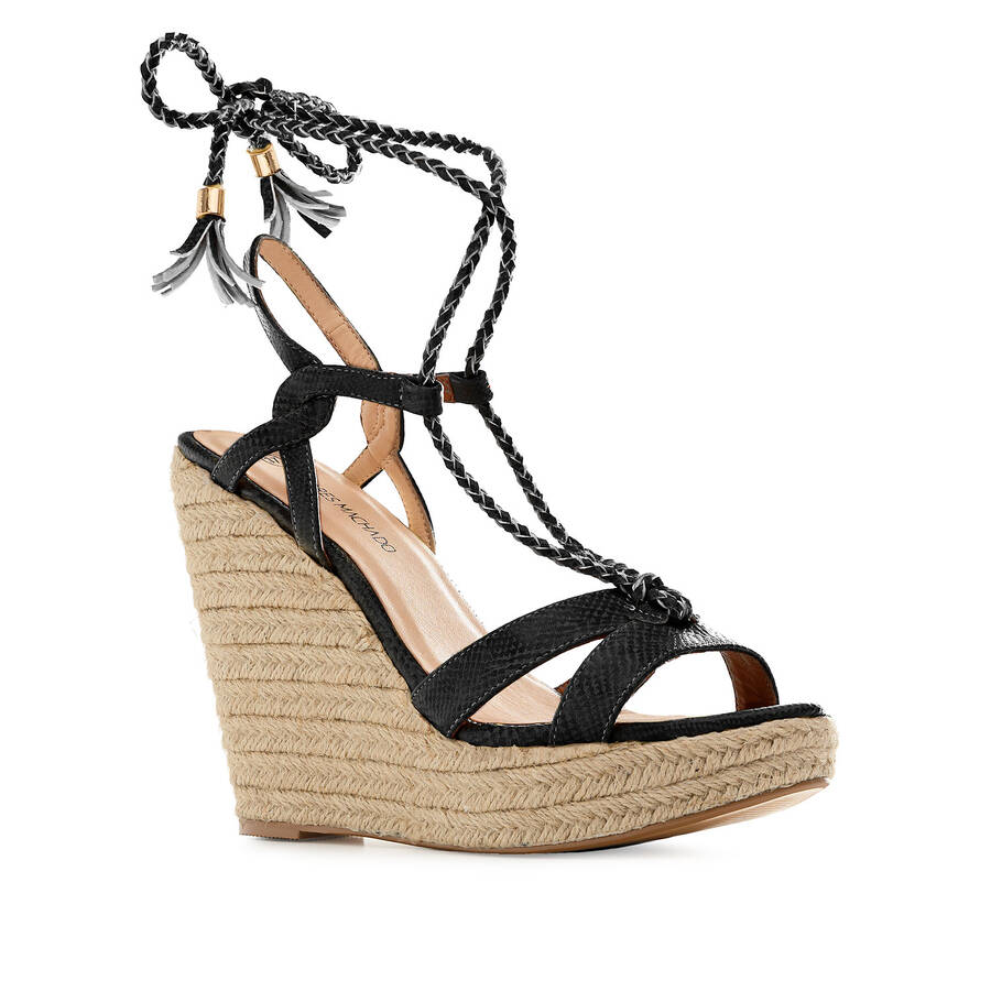 Ankle-tie Jute Wedges in engraved Black 