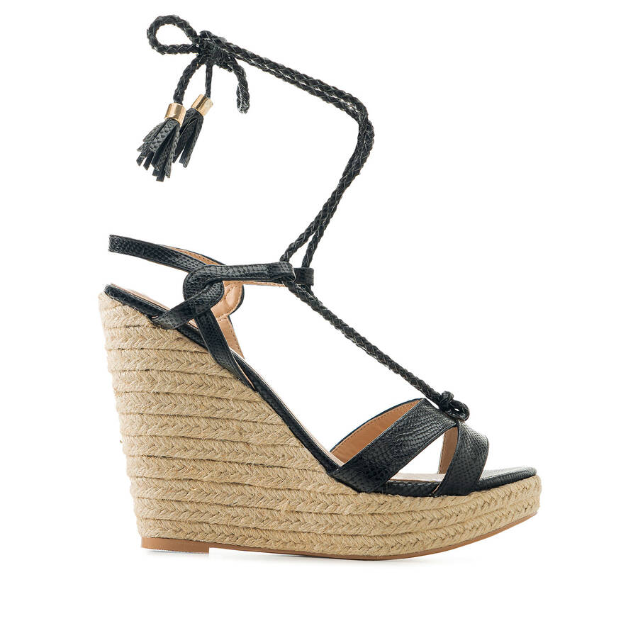 Ankle-tie Jute Wedges in engraved Black 