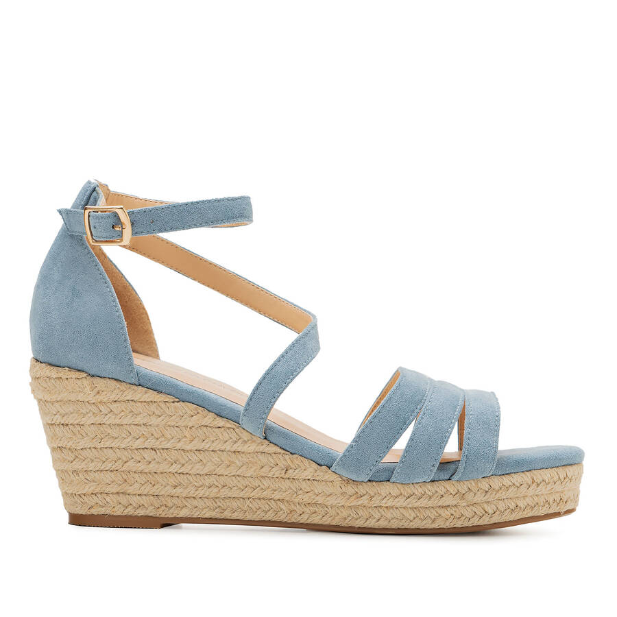 Espadrille en suédine Bleu Ciel à talons compensés en jute 