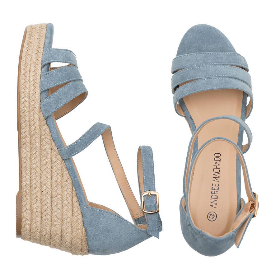 Espadrille en suédine Bleu Ciel à talons compensés en jute 