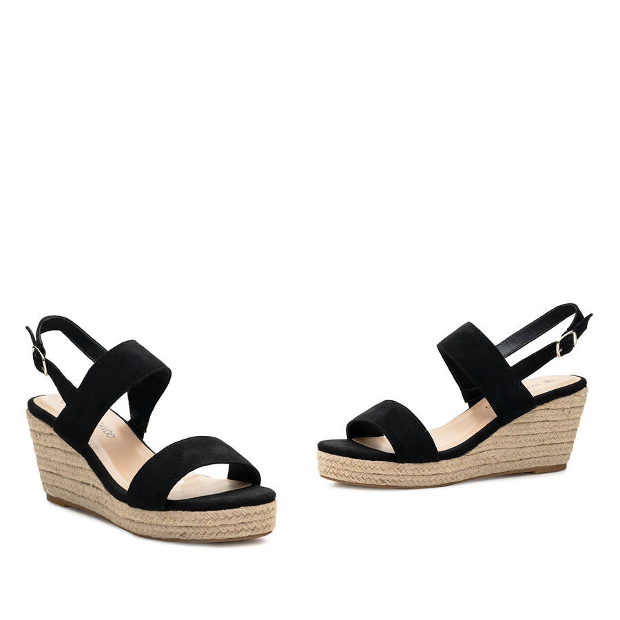 Black Faux Suede Espadrille with Jute Wedge 