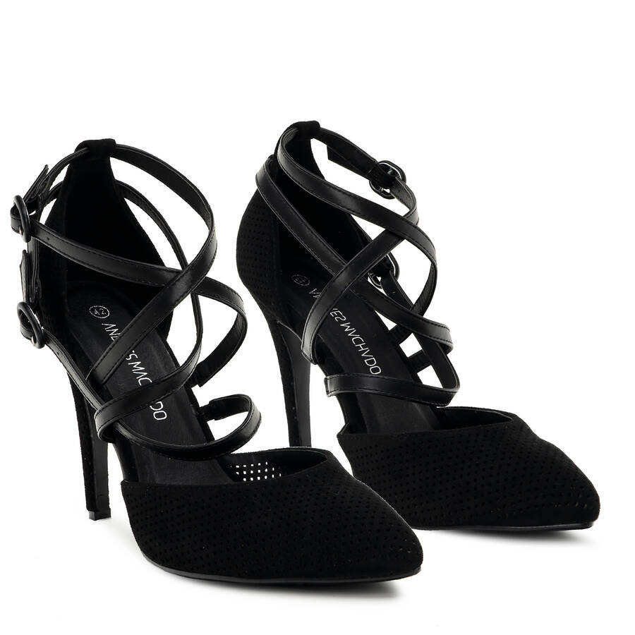 Black faux suede, die-cut court shoes 