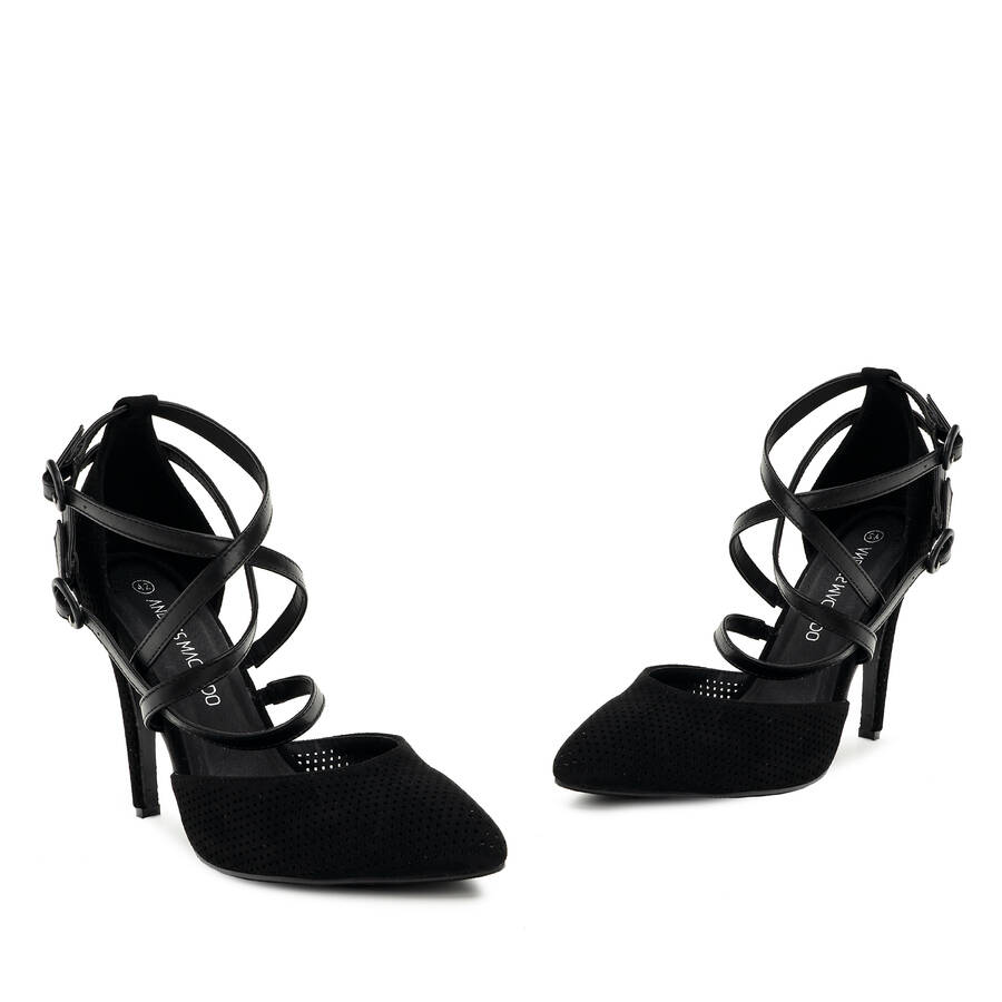 Black faux suede, die-cut court shoes 