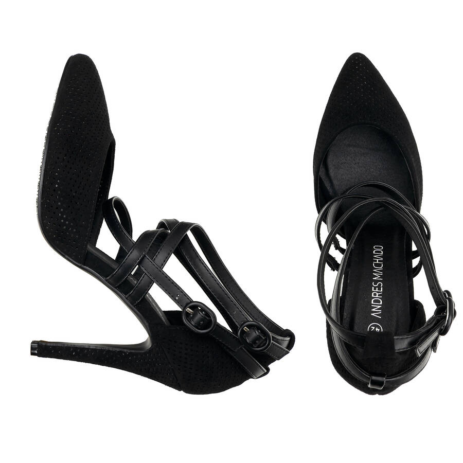 Black faux suede, die-cut court shoes 