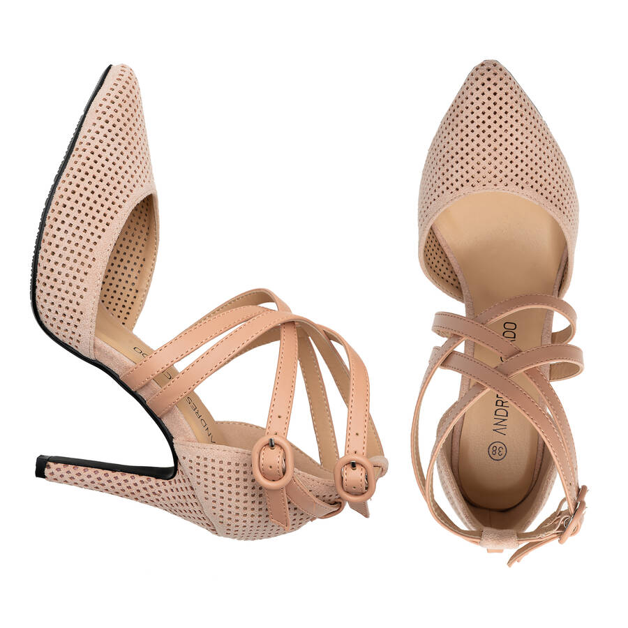 Nude faux suede, die-cut court shoes 