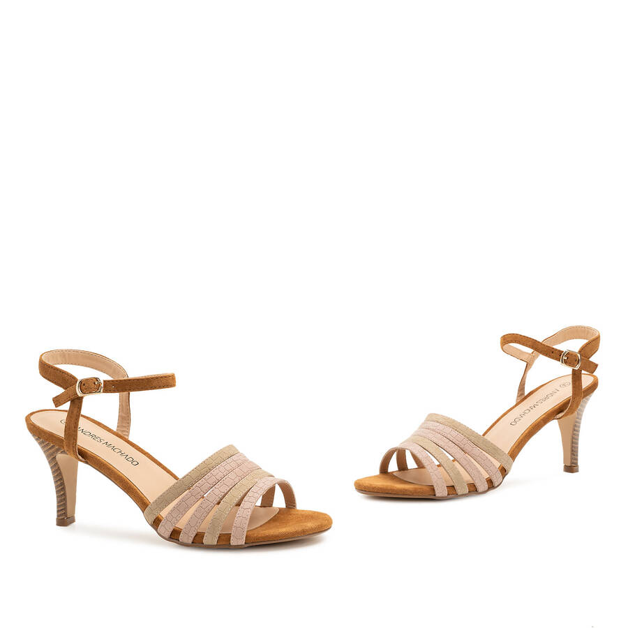 Combined Sandals in Brown Faux embossed leather and Faux Suede 