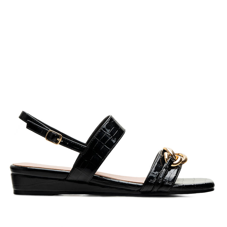 Black Croc Wedge Sandals 