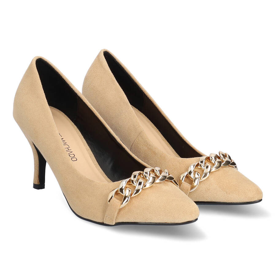 Heeled shoes in beige faux suede with chain link detail 