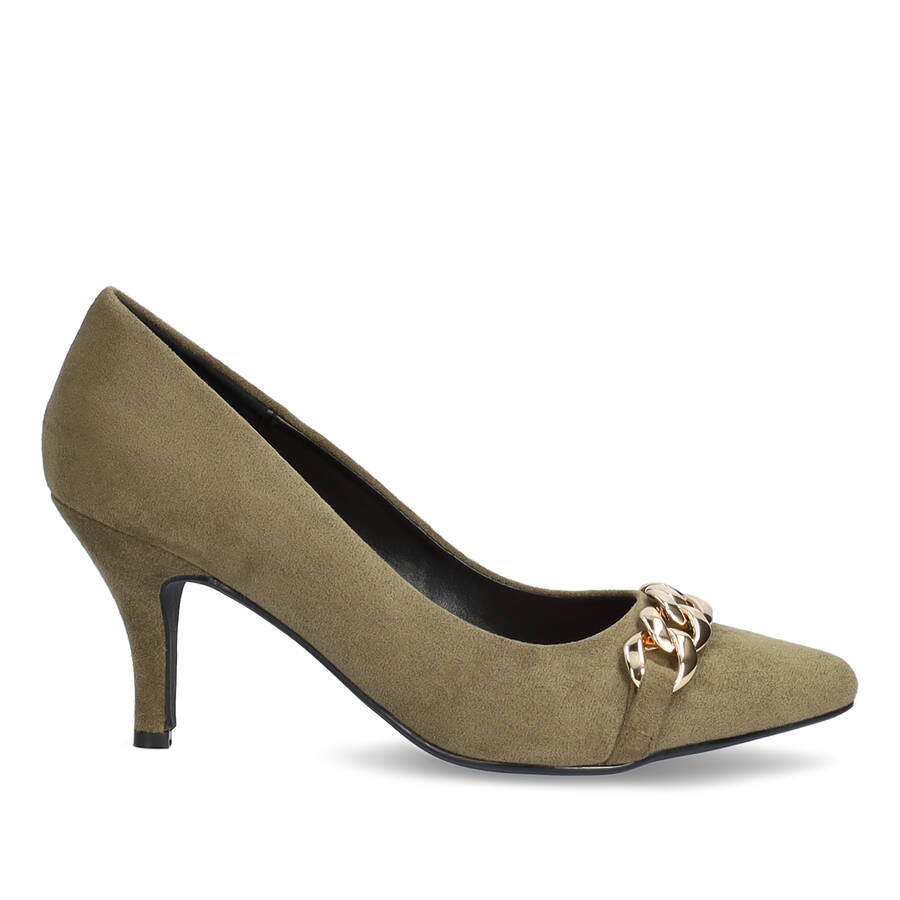 Heeled shoes in kaki faux suede with chain link detail 