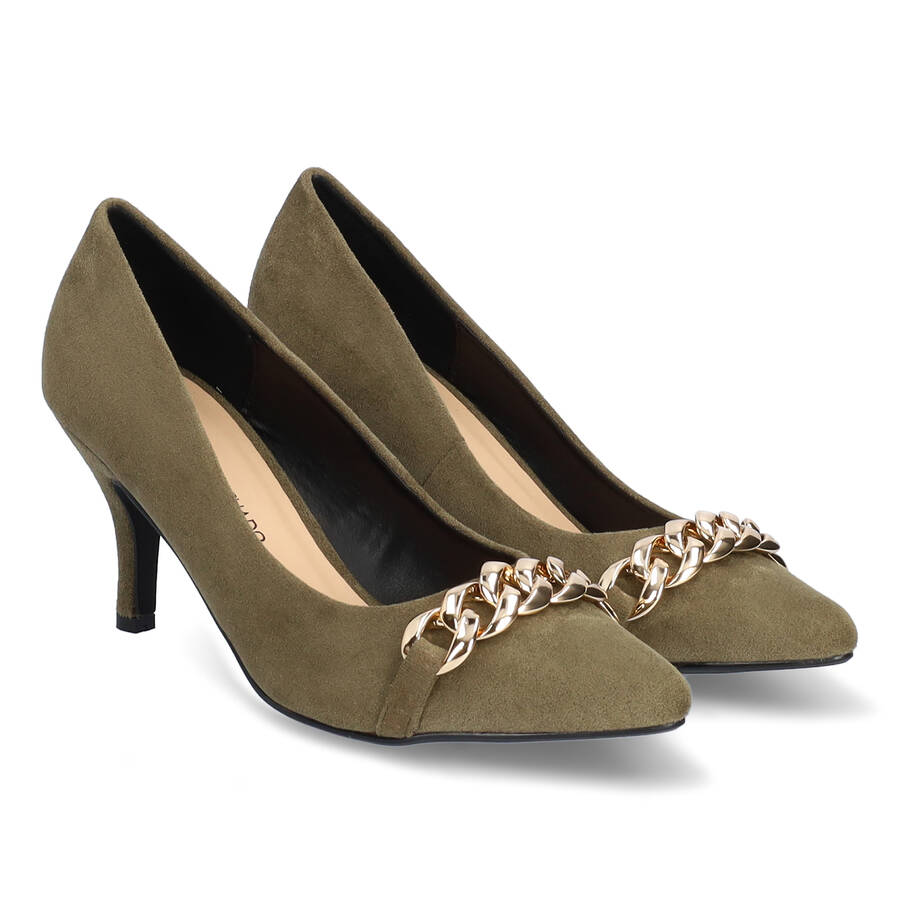 Heeled shoes in kaki faux suede with chain link detail 