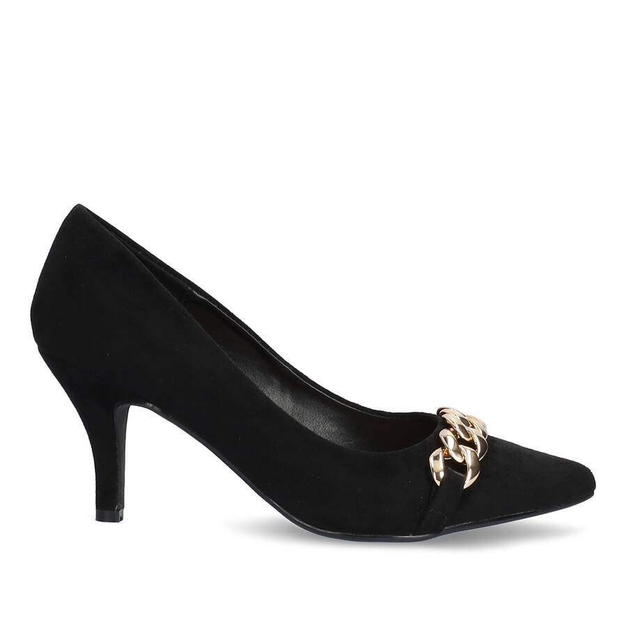 Heeled shoes in black faux suede with chain link detail 