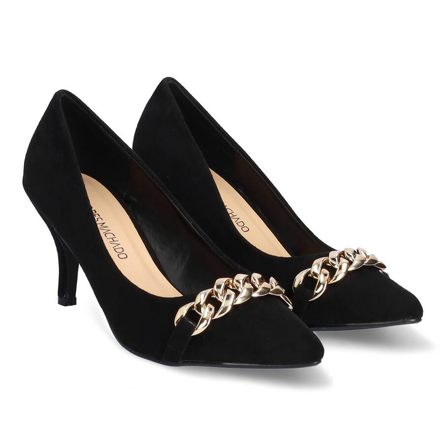 Heeled shoes in black faux suede with chain link detail 